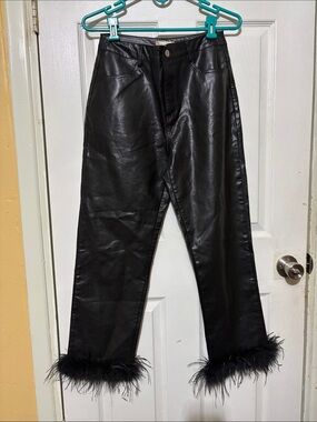Altar'd State Black Faux Leather Straight-Leg Jeans with Feather Trim